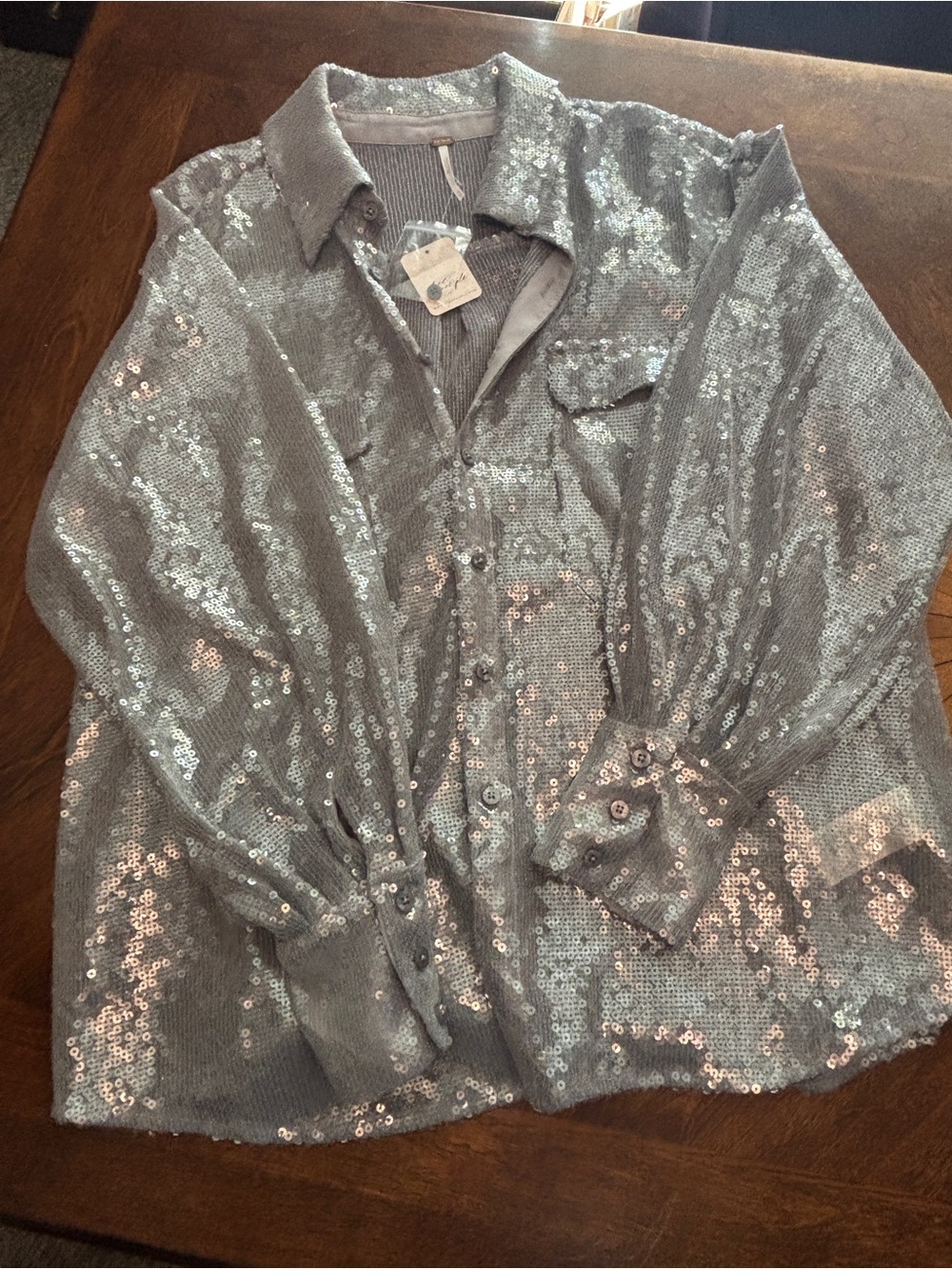 Free People Silver Sequin Button-Down Shirt